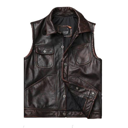 Gilet en cuir marron pour biker
